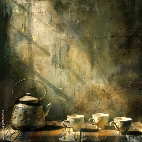 Rustic tea scene, kettle, and cups, grunge elegance