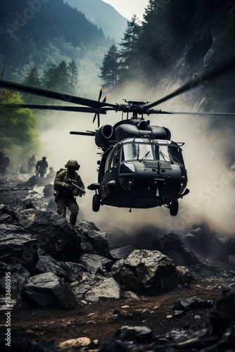 A black helicopter is seen flying over a rugged hillside, possibly conducting a military operation or surveillance. The rocky terrain below contrasts with the sleek aircraft above