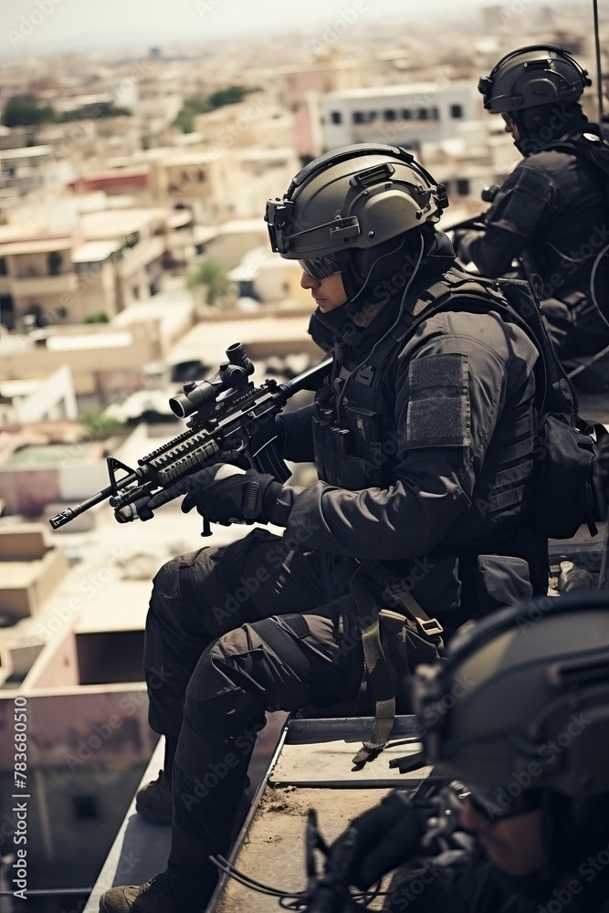 A group of elite soldiers in tactical gear sitting on top of a building, conducting surveillance. They are positioned strategically, scanning the area for potential threats