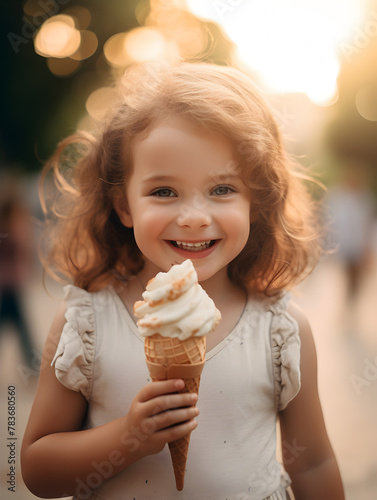 Portrait of a happy little child with ice ream in a cone  blurry background 