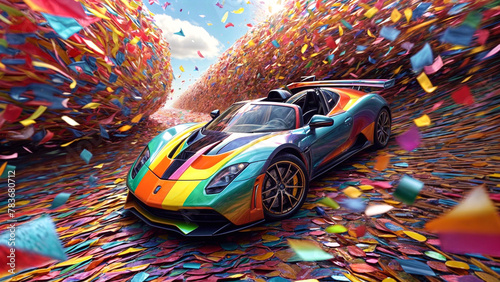 A Relic Reborn: A Classic Sports Car Bathed in Rainbow Hues, a Testament to Enduring Passion Against a Fiery Sunset. 