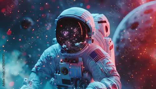 A man in a spacesuit is floating in space with a planet in the background photo