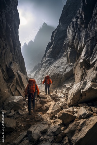 Experienced alpinists navigating a labyrinth of rocky outcrops on a challenging route