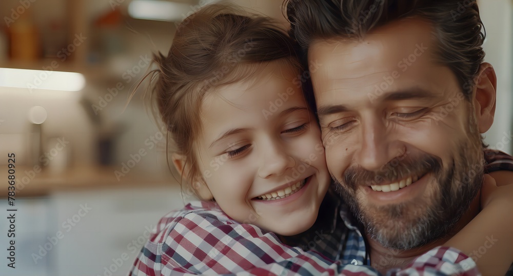 Warm Embrace: Father and Daughter Share Love in Kitchen Warm Embrace: Father and Daughter Share Love in Kitchen