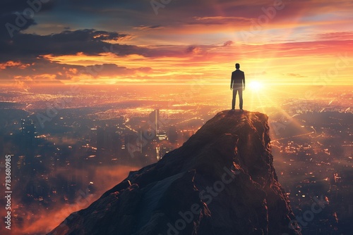 A person stands on a peak above a glowing city at sunset, symbolizing contemplation and achievement.