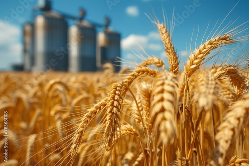 Golden Wheat Field with Silos under Blue Sky
