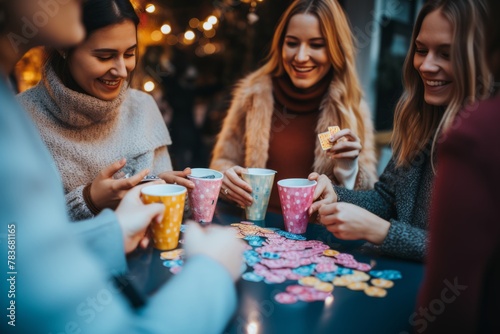 A group of women sitting around a table, engaged in a memory skills challenge game. Cups are placed on the table as part of the game, enhancing cognitive abilities and social interaction photo