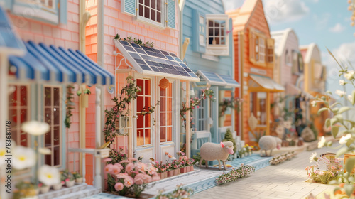 Sun-drenched paradise: Cute pink-roofed houses powered by the sun in a lush green field. photo