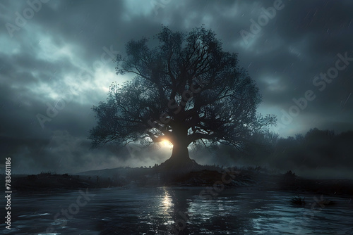 Solitary Guardianship Amid Whispers of Nightfall - Serene Cinematic Landscape with Ethereal Tree Reflection in Moody Lake