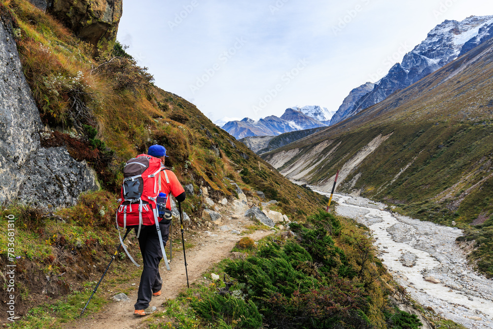 Sherpa guide on the Kanchenjunga Base Camp Trek between Khambachen (aka Khangpachen or Kambachen) and Lhonak in the Himalaya Mountains, Nepal