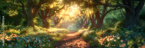 Enchanted Forest Path at Sunset with Lush Foliage and Golden Light
