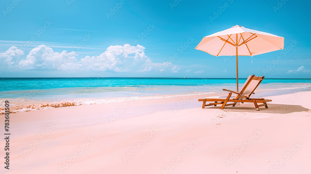 A beach chair reclined under a parasol at a beautiful tropical beach