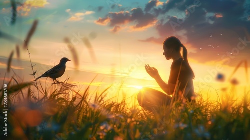 Woman praying and free bird enjoying nature on sunset background AI generated