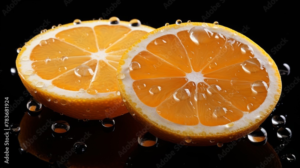 Orange slices splashing in water on a black background. Orange and water splashes on a black background. Orange slices splashing in water on a black background. Orange and water splashes on a black background.