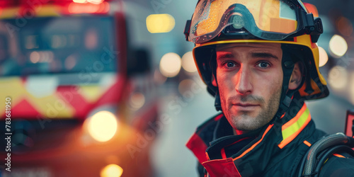 Brave Firefighter in Gear With Fire Truck in Background