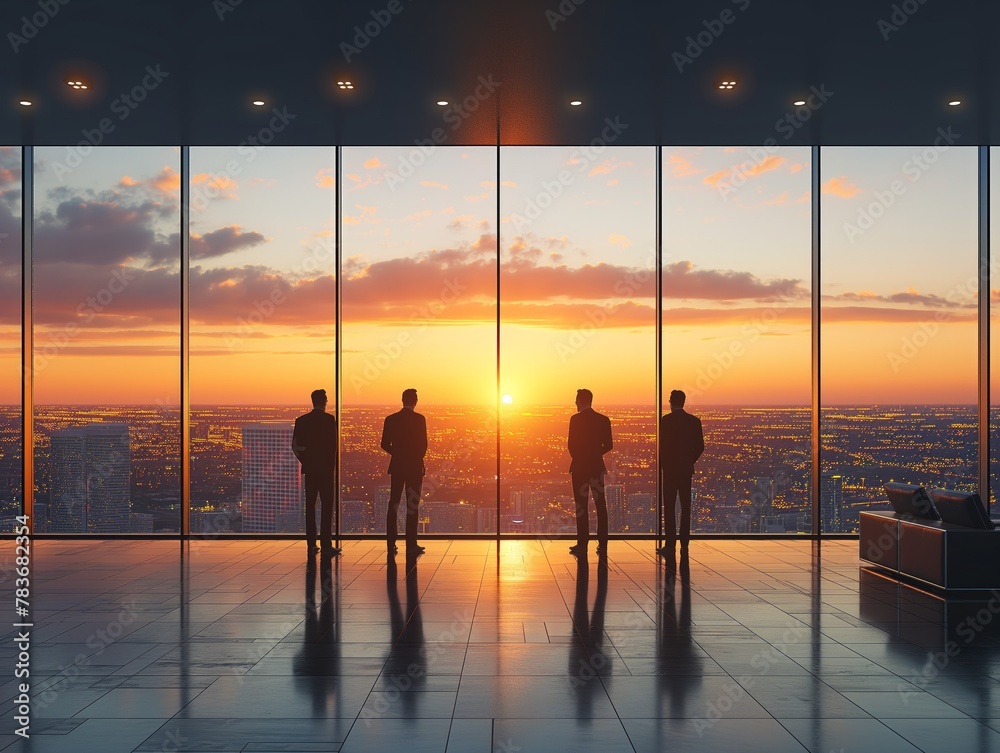 Four men standing in a large room looking out a window at the sunset. Scene is peaceful and contemplative Four men standing in a large room looking out a window at the sunset. Scene is peaceful and contemplative