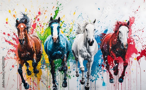 5 horses running towards camera, white background, colorful splashes of paint on the wall behind them