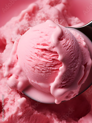 Close up of pink strawberry ice creme on a spoon