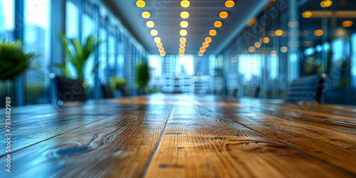 Modern Office Space with Wooden Floors and Blurred Background photo