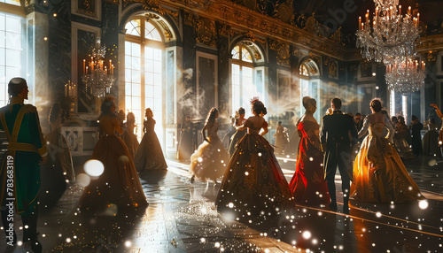 A group of women in ball gowns are dancing in a ballroom