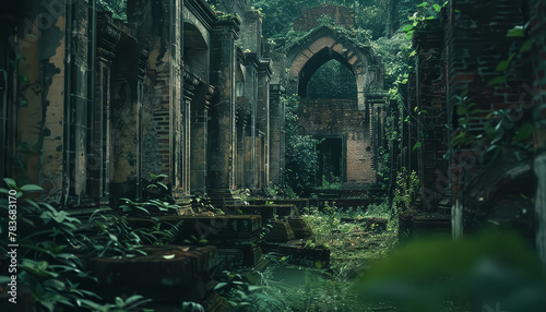 A dark, overgrown graveyard with moss growing on the stone walls
