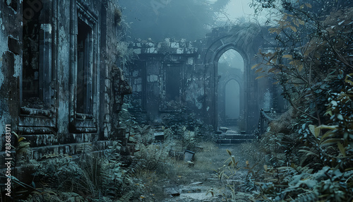 A dark  overgrown graveyard with moss growing on the stone walls