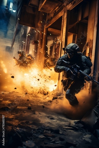 Special forces operatives breaching a building using explosive charges