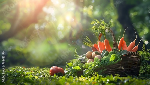 A basket full of fresh vegetables, such as carrots and green leafy greens, is placed on the grass in front of lush trees with sunlight filtering through them