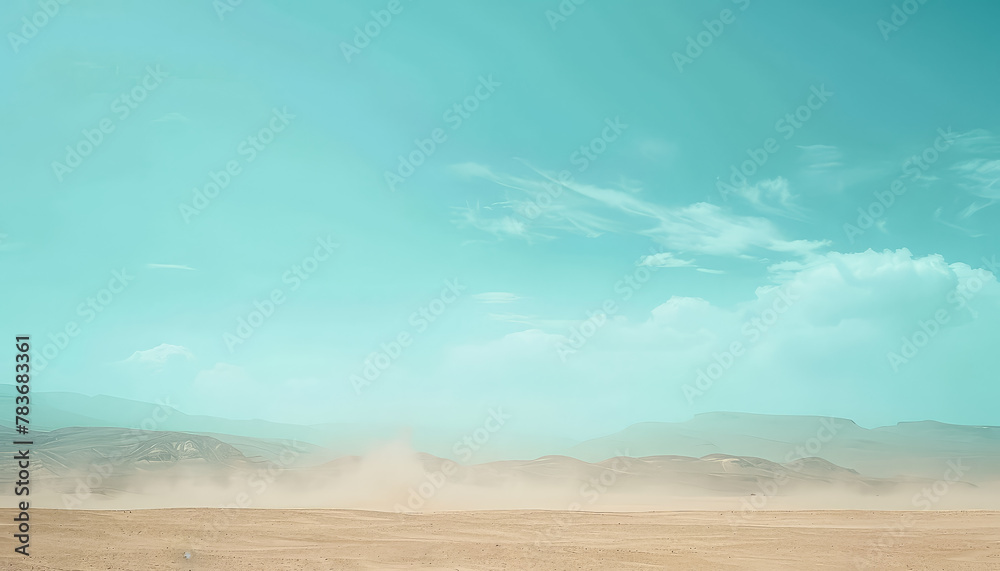 A desert landscape with a sun in the sky