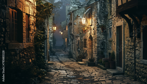 A dark alleyway with a street lamp in the middle