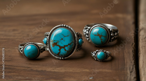 Display of vintage Southwestern jewelry featuring a chunky turquoise cuff bracelet and an old cluste.generative.ai