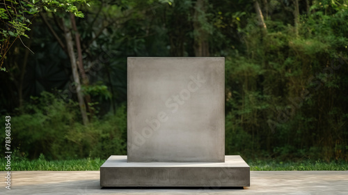 A concrete cube on a concrete pedestal in a lush green garden.