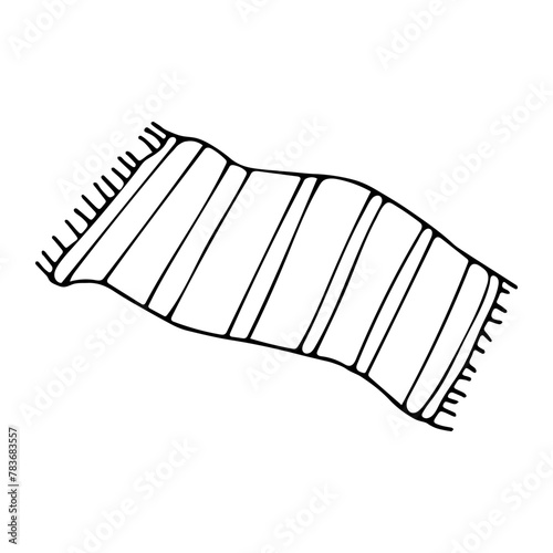 Beach striped sunbathing mat at the sea, by the pool. Rug for picnic and comfortable outdoor recreation. Monochrome black line vector elements isolated on white background.Hand drawn sketch.