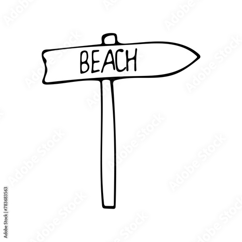 Road sign direction to beach. Wooden simple beach path sign. Beach sign. Monochrome black line vector elements isolated on white background.Hand drawn sketch.