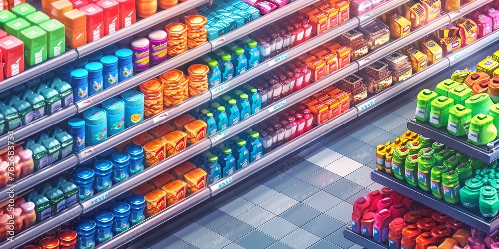 Stylized isometric supermarket aisle stocked with oversized, whimsical food packaging 