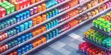 Stylized isometric supermarket aisle stocked with oversized, whimsical food packaging 