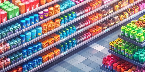 Stylized isometric supermarket aisle stocked with oversized, whimsical food packaging  photo