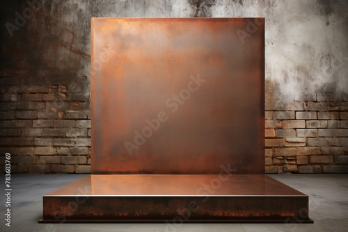 A copper podium stands in front of a stone wall.