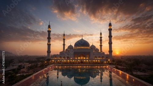 Majestic mosque, adorned with multiple domes, towering minarets, illuminated by soft glow of setting sun. Architectural masterpiece reflects intricate design.