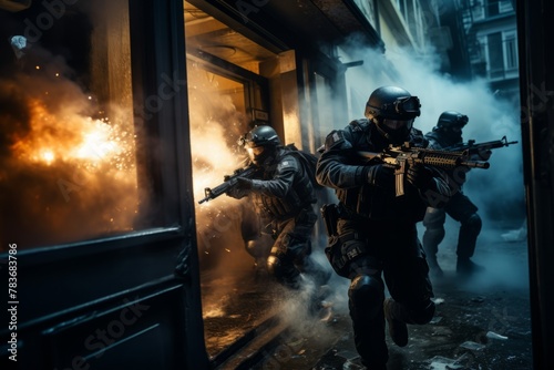 A group of special operations forces running through a building while breaching a door. They are in tactical gear, moving swiftly and purposefully through the structure