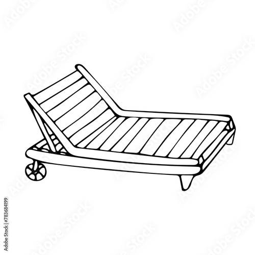 Comfortable outdoor lounge chair for relaxing by the water. Relaxing and sunbathing near the pool, on the beach. Wooden chaise lounge on wheels in doodle style with adjustable backrest. On white back.