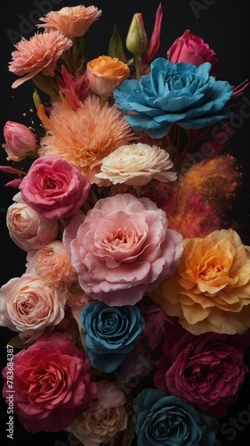Vibrant collection of flowers in full bloom dominates image, with petals ranging from delicate pinks to deep blues, creating striking contrast against dark background.
