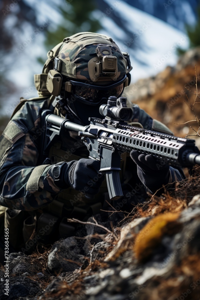 A soldier equipped with a rifle in hand, part of a special response team, providing sniper overwatch in a tactical operation A soldier equipped with a rifle in hand, part of a special response team, providing sniper overwatch in a tactical operation