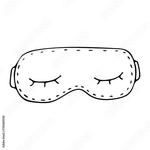 Cute night sleep mask with closed eyes design and stitching on contour. Sleep mask anywhere anytime, during flight, on trip. Accessory for healthy sleep. Hand drawing black line doodle vector on white