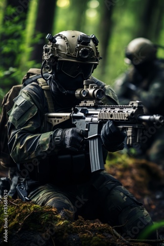 A special response team soldier is seen in the woods, holding a rifle and scanning the surroundings for potential threats. The soldier is focused and prepared for any situation that may arise