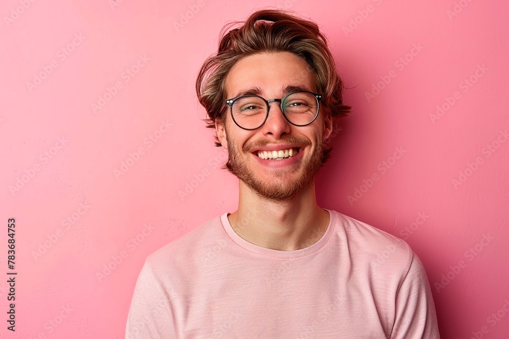 A man with glasses is smiling and wearing a pink shirt