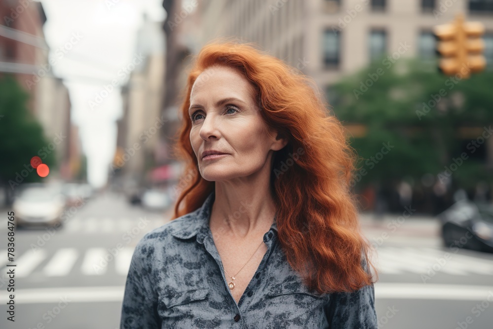 A woman with red hair stands on a city street