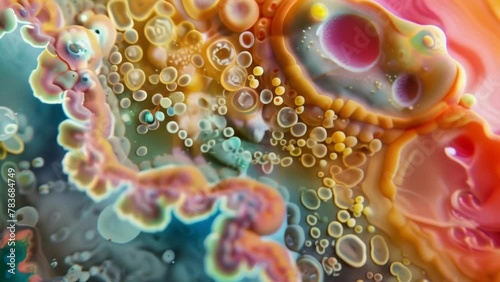 A colorful image of mycelial growth on agar showcasing the different hues and patterns created by various species of fungi as they . AI generation. photo