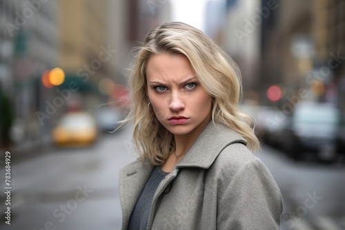 A blonde woman is standing on a city street, wearing a gray coat and a necklace © Juan Hernandez