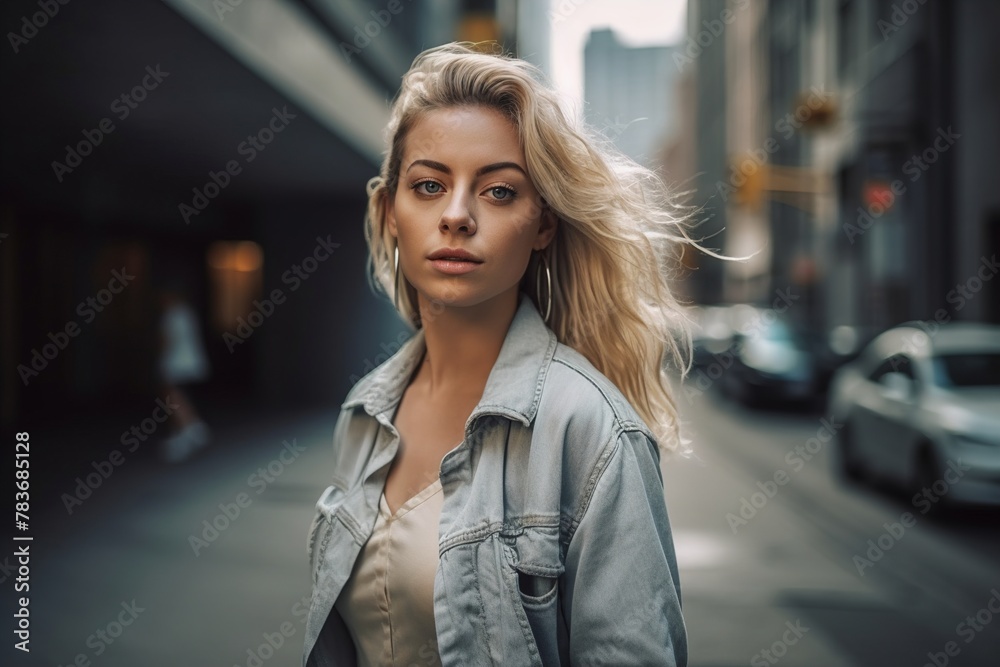 She is wearing a denim jacket and a white dress She is wearing a denim jacket and a white dress